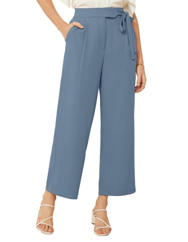 Talla S - Pantalones Anchos de Mujer GRACE KARIN - Elegantes y de Cintura Alta, con Bolsillos y Cinturón, Gris Azul For Discount