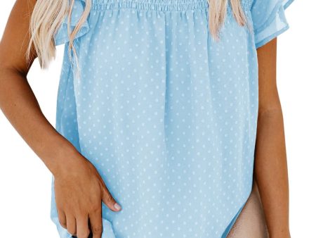 Talla: S - Blusa de Verano para Mujer Dokotoo - Cuello Redondo, Elegante, Punto Suizo, Manga Corta, Túnica con Volantes, Azul Cielo on Sale